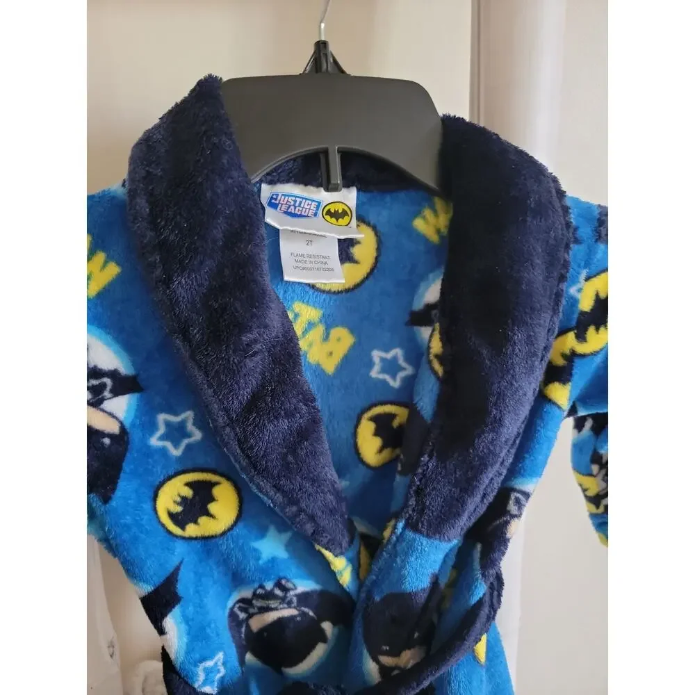 Batman Boys Fleece Robe Justice League Chibi Superhero Blue Plush Bathrobe Sz 2T